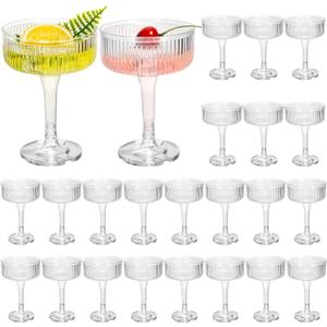 Jingmore 24 Pcs Ribbed Martini Glasses 7 oz Disposable Plastic Vintage Ribbed Coupe Glasses Cocktail Unbreakable Dessert Parfait Glassware for Wedding Birthday Party Supplies (Clear)