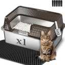 Suhaco Large Stainless Steel Litter Box Side Entry High Sides Deep Metal Cat Litter Boxes with Lid Low Entry Litter Mat and Scoop Litter Pan (Tall Black)