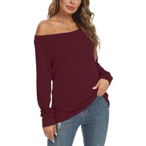 Women's Cute Sexy Off Shoulder Blouses Long Sleeve Boat Neck Tunics Tops (Small, Red)