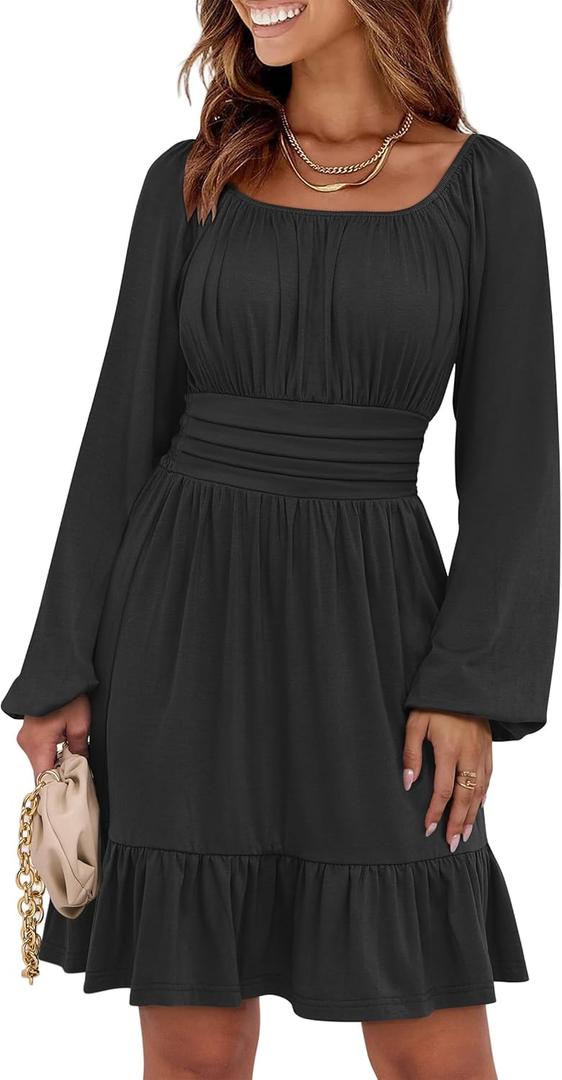 ANRABESS Womens Dress Long Lantern Sleeve Square Neck Elastic Waist Ruffle Flowy Swing A-Line Short Dresses 2025 Fall Fashion Black, XX-Large