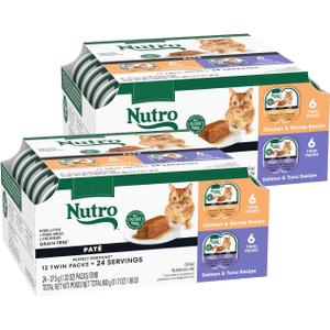 Nutro Wet Cat Food Pat Multipack: Salmon & Tuna; Chicken & Shrimp; 2.64 oz Trays (12 Count, Pack of 2) (EXP 06/15/27)