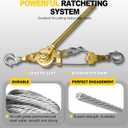 Come Along Winch Puller 3T 10FT, Cable Hoist Winch Puller with 2 Hooks, Come Along Tool Heavy Duty, Ratchet Puller for Lifting Pulling Construction Building