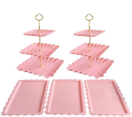 5 Pcs Cupcake Stand Set - Pink Plastic Dessert Table Display Set, 2x Pink Square 3 Tier Cupcake Display Stands Cookie Tray Rack Serving Tower & 3x 14 in Plastic Trays for Wedding Baby Shower Tea Party