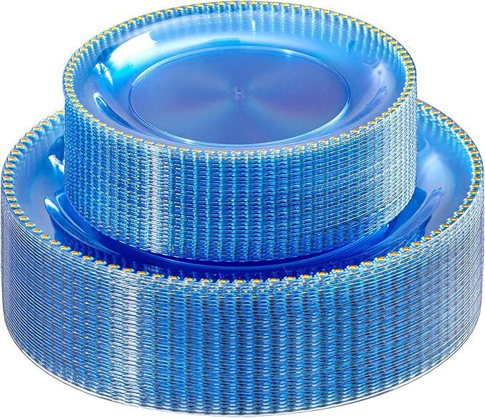 Rubtlamp 60Pcs Blue Gold Plastic Plates, Clear Disposable Plates With Gold Beaded, Clear Fancy Disposable Plates Include 30 Dessert Platos, 30 Dinner Platos for Wedding Party