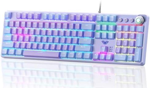 AULA Keyboard, F2088 Pro 108 Keys Purple Mechanical Red Switches Keyboard with RGB Rainbow Backlit, Removable Upper Cover,Aesthetic Media Control Knob Programmable USB Wired Keyboards for MAC PC Gamer