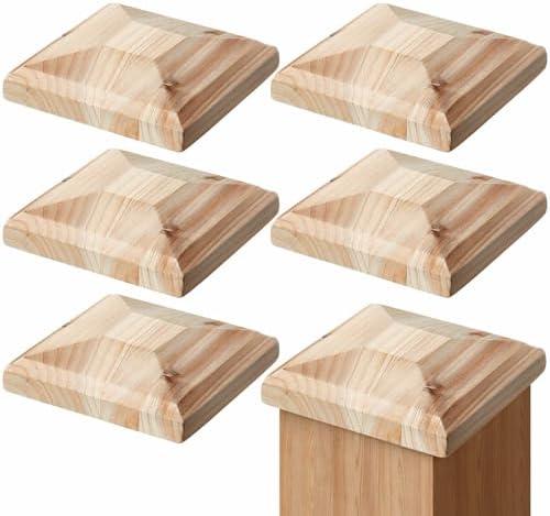 Hosuly 6 Pcs 4 x 4 (Actual 3 5/8) Wood Fence Post Cap Rot Resistant Cedar Deck Newel Post Caps for Outdoor Wooden Fences, Pyramid Style