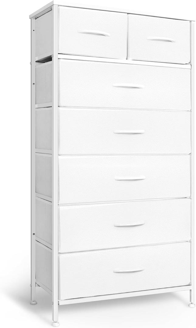 Mifuro Tall Dresser for Bedroom, Vertical Storage Organizer Tower with 7 Drawers, Chest of Drawers with Fabric Bins, Steel Frame, Wood Top for Bedroom, Closet, Entryway- White