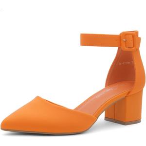 Shoe Land Closed Toe Heels for Women 2.25 Inch Low Block Pumps for Office | Pointed Toe Chunky Dress Heels with Ankle Strap | Comfy Womens Business Casual Shoes (Orange, 5)