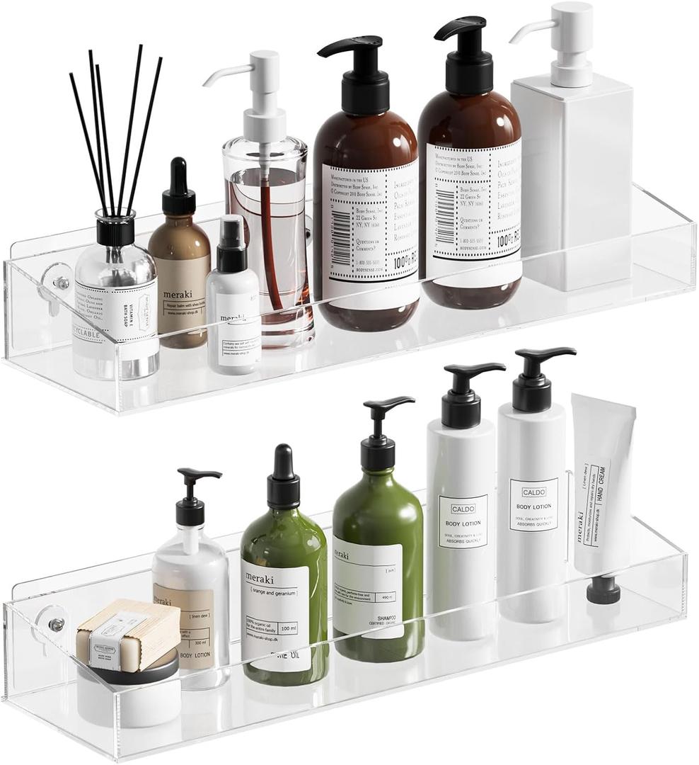 Durmmur 2Pack Acrylic Shower Shelves, Adhesive Bathroom Shower Caddy Organizer, No Drilling/Drilling Wall Floating Shelves for Bathroom Storage Kitchen Home Dcor, No Hook