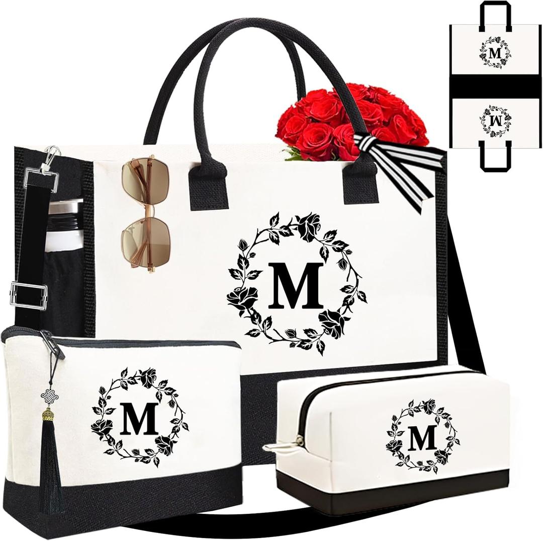 Adyoung Monogrammed Tote Bags, 3PCS Initial Personalized Monogram Tote Bags for Women, Birthday Gifts Tote Letter Canvas Bag