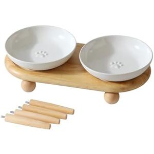 Havniva Raised Ceramic Wide Whisker Friendly Cat Dishes, Anti-Slip Food& Water Bowl with 2 Style Stand Adjustable Pet Bowl Set(2Dish+Stand, White)
