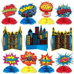 Funrous 11 Pieces Hero Party Decoration Hero Honeycomb Centerpieces 3D Table Topper Paper Large Word Centerpieces Fun Action Sign Standing Card for Birthday Baby Shower Decor Supplies(Classic)