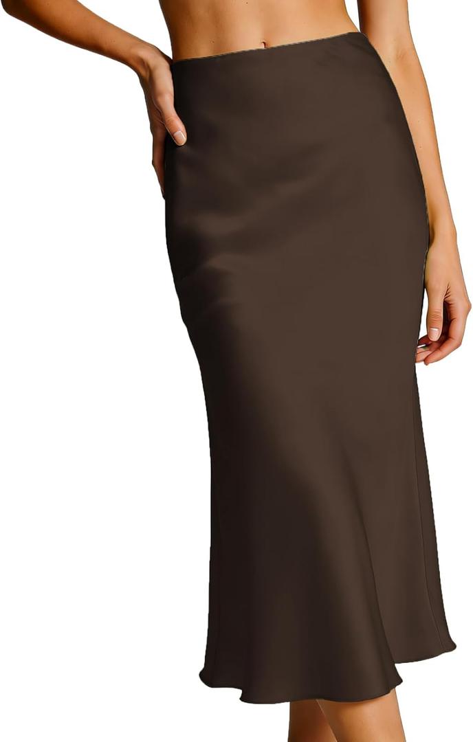Bluetime Womens Satin Skirt Elastic High Waisted Silk Midi Skirts Dressy Casual A line Long Skirt (XL)