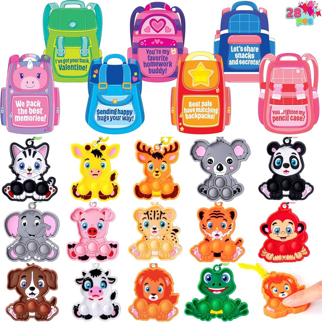 JOYIN 28 Packs Valentine's Day Cards with Animal Pop Bubble Keychain Toys, Mini Pop Squeeze Toys, Stress Anxiety Relief Fidget Toy with Cards for Kids Classroom Exchange, Game Prizes Party Favors