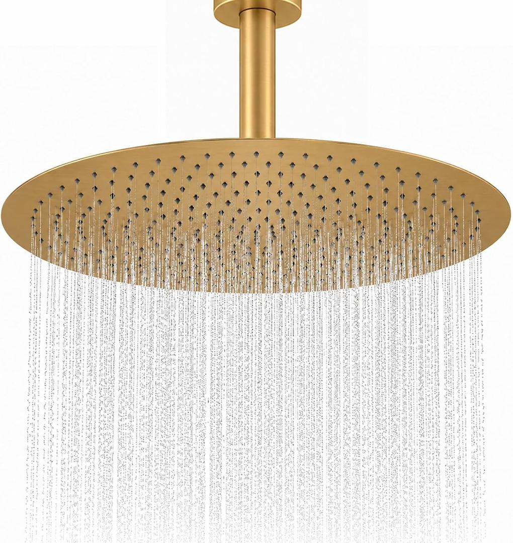 Gold Rain Shower Head, 16 Inch High Pressure Shower Head, 304 Stainless Steel Ceiling Mount Extra Large Waterfall Top Showerhead, Brushed Brass Gold