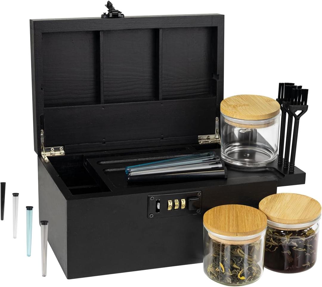 Premium Large Bamboo Box with Combination Lock,Storage Decorative box,Storage Lockbox Set with Plentiful Accessories 3 Jars & 3 Brushes&4 Tubes,Removable Tray,Detachable Compartment,Elegant Black