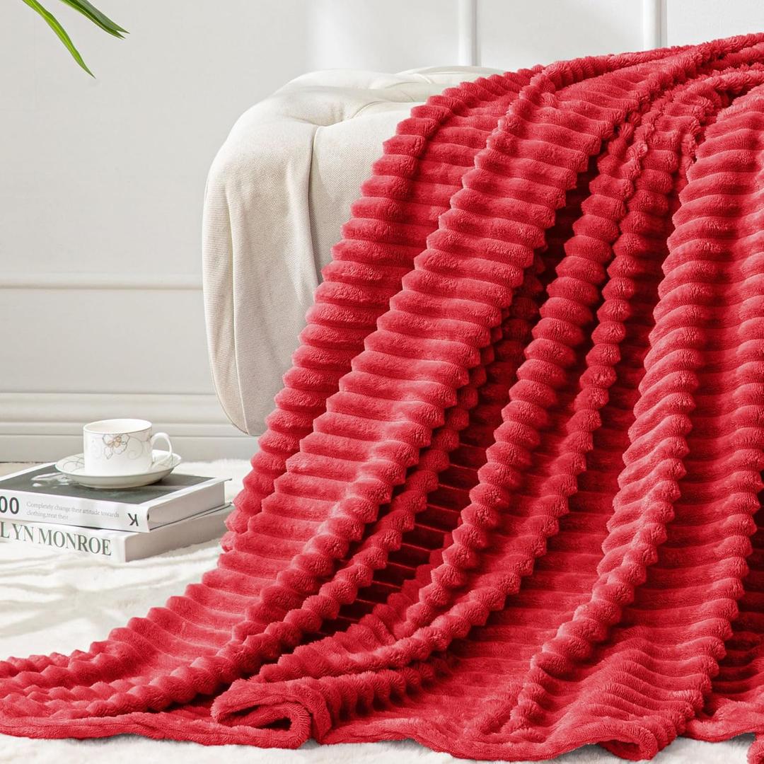 BEDELITE Fleece Throw Blanket for Couch  3D Ribbed Jacquard Soft and Warm Decorative Fuzzy Blanket  Cozy, Fluffy, Plush Lightweight Red Throw Blankets for Bed, Sofa, 50x60 inches