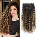 Clip in Hair Extensions, FLUFYMOOZ 4PC 100 Pure Protein Silk Hair Extensions Long Soft Natural Hairpiece 20 Inch Curly Hair Extension for Women (Medium Brown Ash Blonde Highlight)