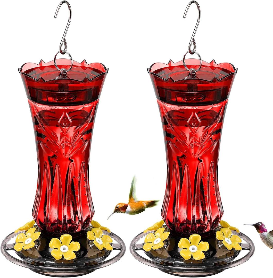 Hummingbird Feeder for Outdoors Hanging, 18 OZ Humming Birds Feeders with 6 Bee Guard Feeding Ports & Built-in Ant Moat, Easy to Clean, Durable Outdoor Garden Decor (Red 2 Pack)