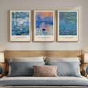 Framed Claude Monet Landscape Wall Art for Living Room, 3 Piece Impressionist Canvas Picture Artwork for Walls, Classic Blue Lake Water Lilies Prints Painting for Bedroom Dining Room Hallway, 16x24 In, 16"W x 24"Hx3Pcs
