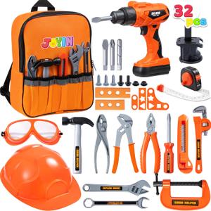 JOYIN 32PCS Kids Tool Set, Toddler Tool Toys with Construction Backpack Costume & Electronic Toy Drill for Boy Girl, Birthday Gift for Toddler Boys Age 3 4 5 6