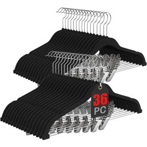 Korpai 36-Pack Black Velvet Hangers with Clips Adjustable,Adult Hangers,Outfit Hanger,Heavy-Duty,Felt,Non-Slip,Space Saving, for Pants, Skirts, Suits,Coats, Dresses ect.