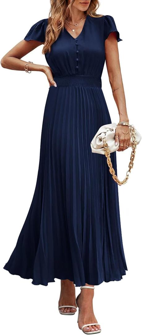 PRETTYGARDEN Women's Maxi Dresses 2025 Summer Trendy Cap Short Sleeve Button V Neck Casual Flowy Pleated Long Dress (Large)