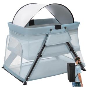 Lilian&Gema 2-in-1 Travel Crib, Portable Crib with Backpack, Lightweight Baby Travel Playpen, Foldable Play Yard with Thick Mattress for Babies & Toddlers, Baby Travel Essential (Gray-green)