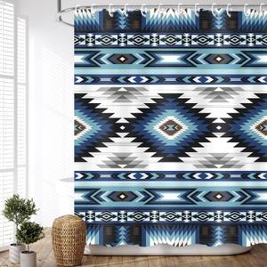 JAWO Western Aztec Shower Curtain, Boho Western Tribal Shower Curtains for Bathroom Decor, Blue Vintage Abstract Geometric Aesthetic Shower Curtain Set Waterproof Polyester Bathroom Curtain, 72X72IN
