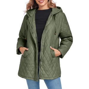 Women's Oversized Quilted Jackets Lightweight Long Sleeve Full Zipper Puffer Jacket Casual Hooded Coats with Pockets (Medium, Army Green)