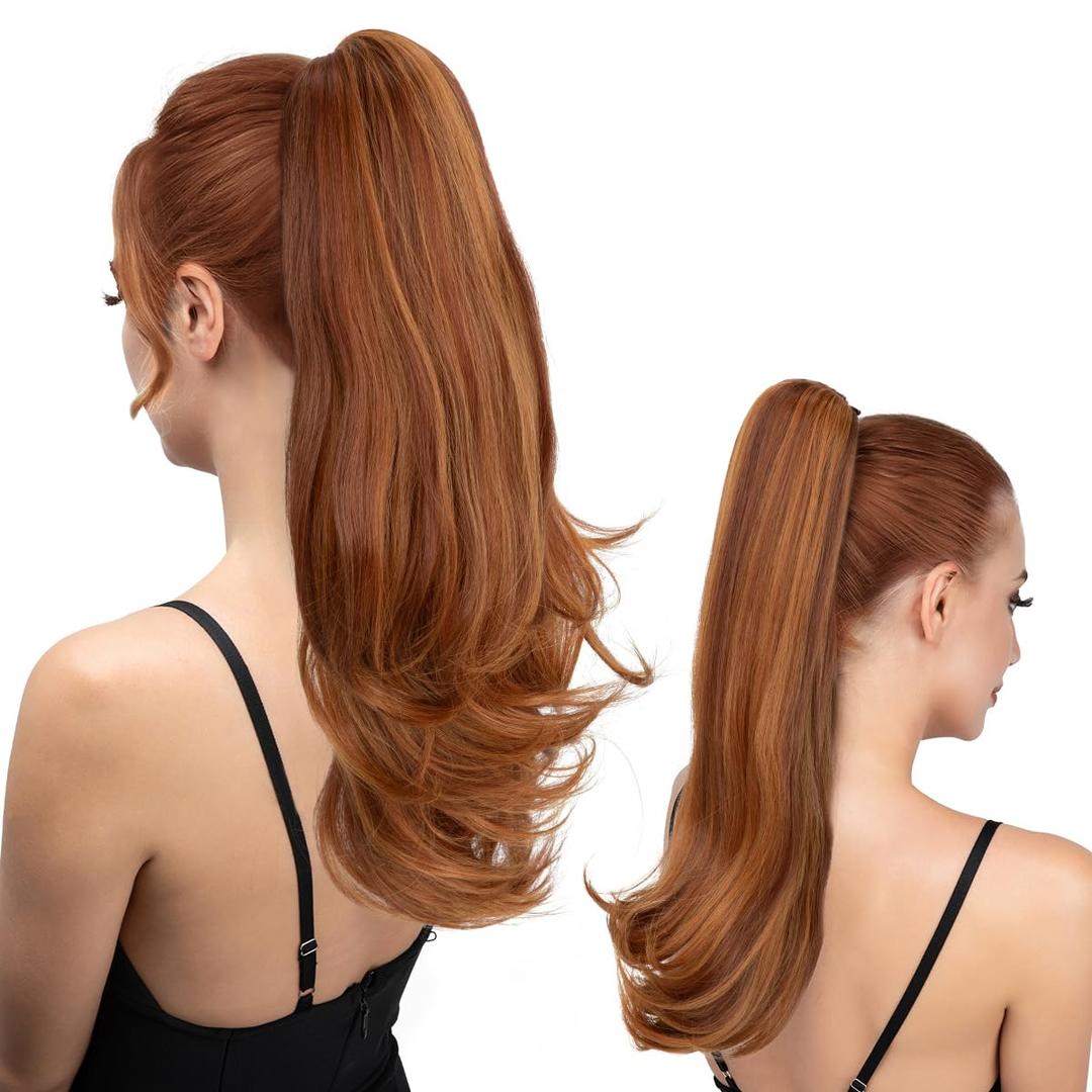 Clip in Ponytail Extension 18 Inch Pony Tails Hair Extensions for Women Long Straight Curly Tail Ponytail Hair piece Synthetic Fake Versatile Pony (Tizian Red)
