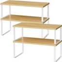 Cabinet Shelf Organizers, 15.7 Inches Large Kitchen Counter Shelf, Set of 4 Wood Kitchen Pantry Organizer, Storage Shelves for Countertop, Spice Rack, Stackable, Expandable, Metal White, Nature