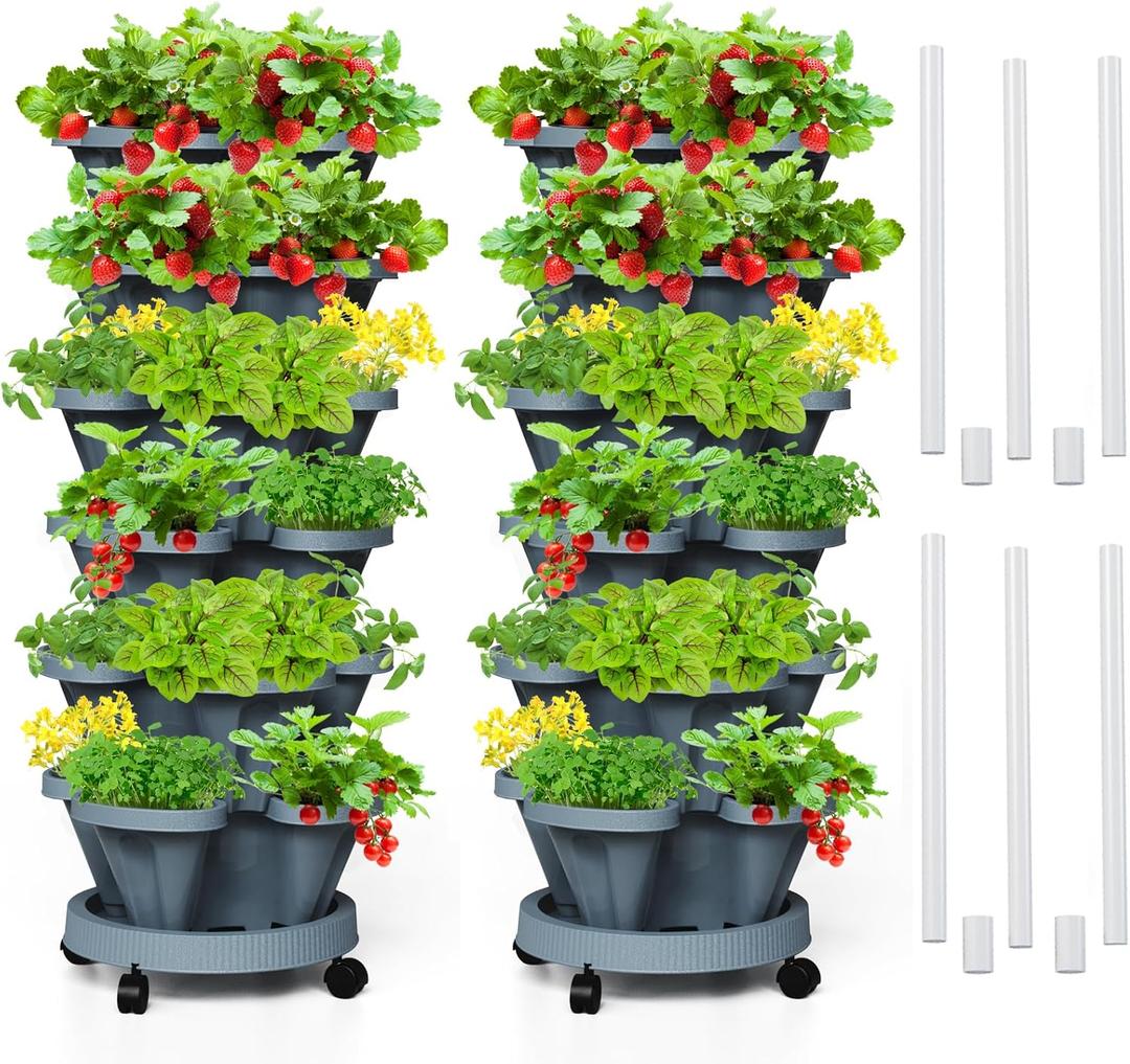Strawberry Vertical Planter Tower Garden 2 Pack, 6 Tiered Stacking Planter with Support Pole, Stackable Herb Planter Indoor Outdoor Dark Grey