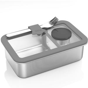 Bakpoco Stainless Steel Bento Box for Adult, 42oz Leak-Proof Metal Lunch Box Containers with Adjustable Divider, Microwave-Safe, Lunchbox with Glass Lid for Work Travel, Silver