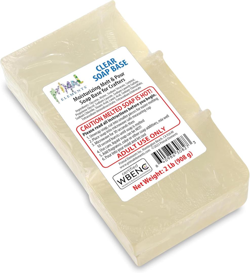 Primal Elements Clear Soap Base - Moisturizing Melt and Pour Glycerin Soap Base for Crafting and Soap Making, Easy to Cut, Unscented - 2 Pound
