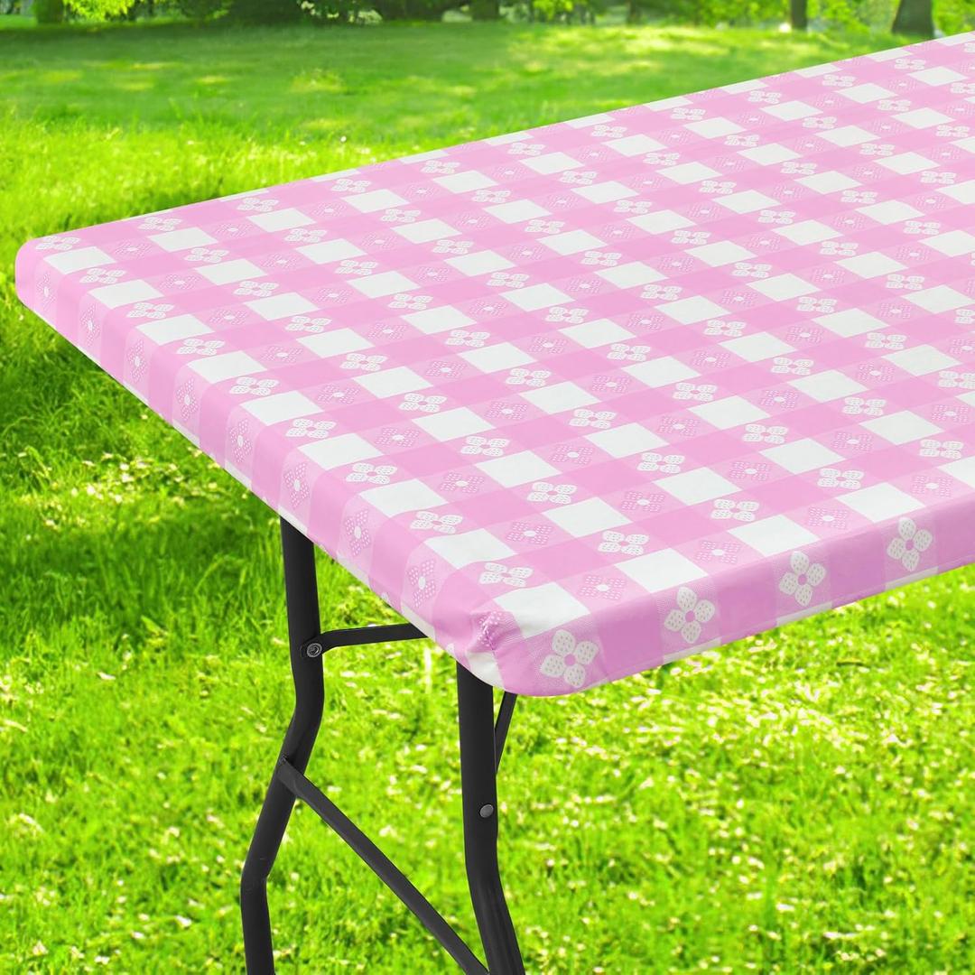 3 x Rectangle Vinyl Table Cloth, Waterproof Elastic Fitted Tablecloth with Flannel Backing, Plastic Table Cover for Picnic, Camping, Outdoor (White & Pink, 30"x72")
