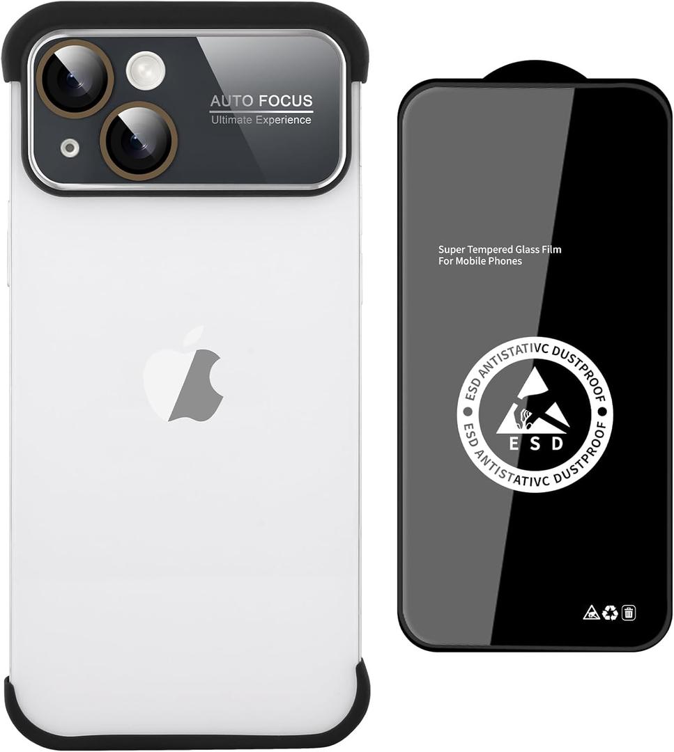aidvaia Frameless Phone Case Compatible with iPhone 15 Case, Acrylic Large Window Camera Lens Protector,TPU Silicone Minimalist Protective Case Black.
