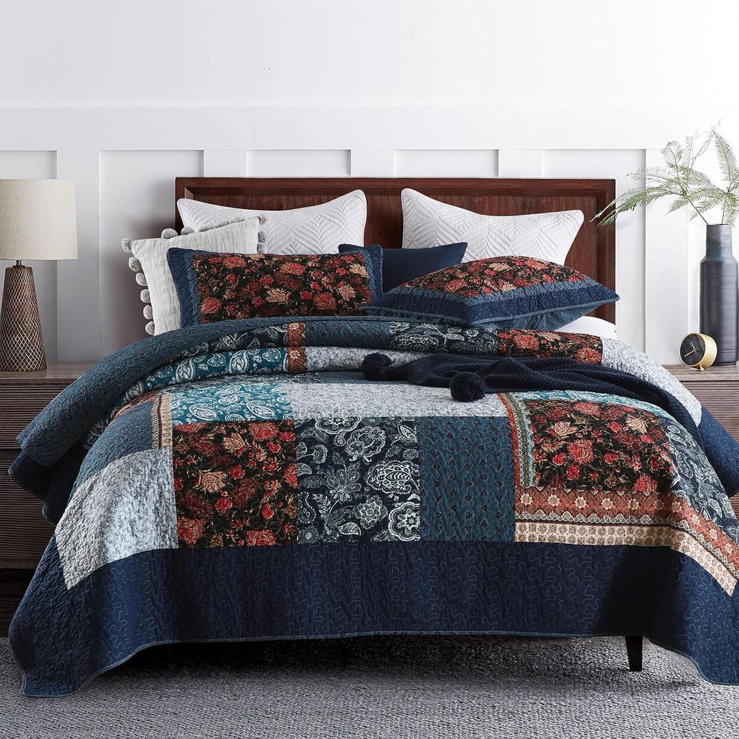 Yvooxny 3-Piece Quilt Sets King Size Quilted Bedspread Real Patchwork Coverlet Set Bedding Set with Pillowcases for All Seasons, Dark Blue Rose, 98x106 Inch