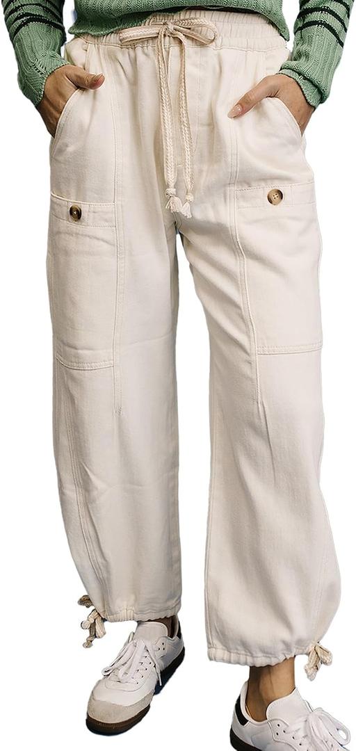 Kedera Women's Wide Leg Jeans High Waisted Pull On Baggy Jeans Cropped Denim Drawstring Pants Casual Joggers