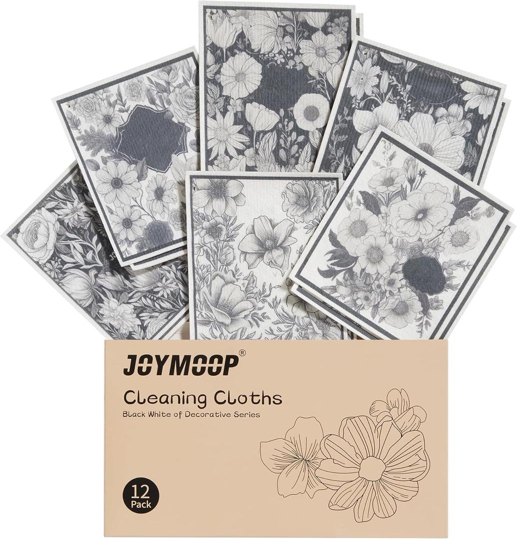 JOYMOOP 12 Pack Decorate Cleaning Cloth (Black White of Decorative Series), Reusable Absorbent Dish Towels, Non-Scratch Washable Rags for Cookware, Kitchen and Household Cleaning - 6.77.9 inch