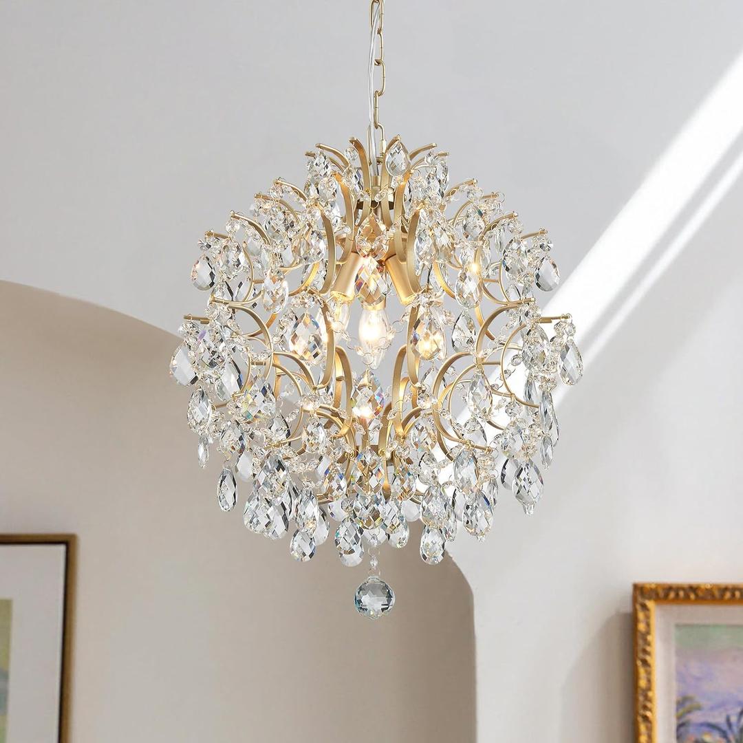 Bestier Modern Gold Pendant Chandelier Crystal Raindrop Lighting Ceiling Light Fixture Lamp for Dining Room Bathroom Bedroom Livingroom entryway 3 E12 Bulbs Required D16 in x H18 in