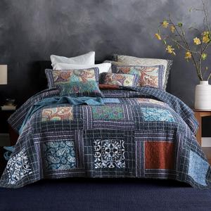 King Quilt Sets, 100% Cotton Quilts King Size, Navy Bedspreads, Patchwork with Retro Paisley Patterns, 3-Piece Lightweight Bedding Coverlet for All Season (1 Quilt + 2 Pillow Shams)
