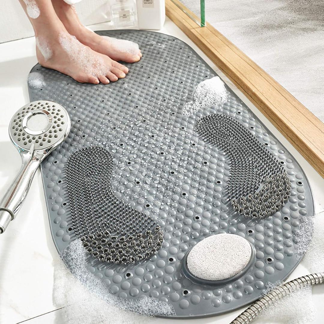 MOLFUJ 32"X16" Foot Scrubber Shower Mat with Feet Scrub Stone, Oval Bathtub Mat with Antislip Suction Cups and Drain Holes, Non Slip with A Pumice Stone for Feet Massage - Grey