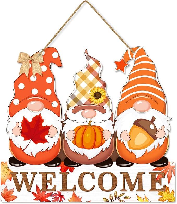 Fall Welcome Door Sign Decor, Gnomes Fall Hanging Sign Thanksgiving Wooden Signs Decorative Wall Plaque, Rustic Front Door Yard Farmhouse Home Autumn Harvest Decorations