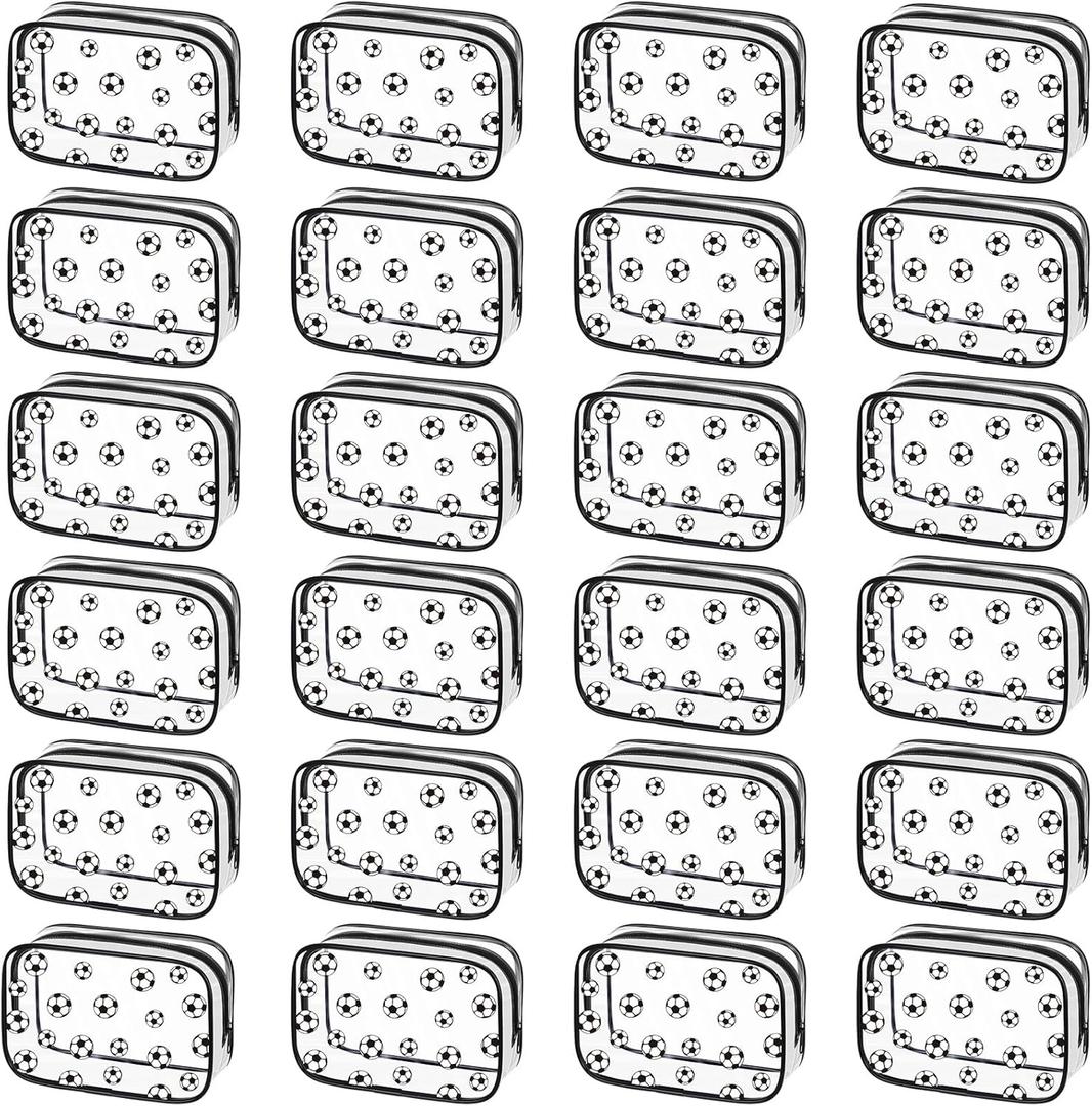 Kacctyen 24 Pcs Soccer Clear Makeup Bag with Zipper Bulk Sport Goodie Clear PVC Pouch Organizer Waterproof Travel Case for Woman Team Gifts Birthday Decorations Supplies