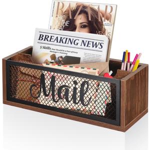 Mail Organizer,Mail Holder with 2 Slots, Wood Mail Basket Mail Sorter for Wall Table Countertop, Bill Envelope Letter Holder for Home Office