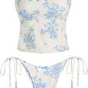 seamoly Womens Tankini Bikini Set Sexy Tie Back Two Piece Bathing Suit Cheeky High Cut Triangle Thong Swimsuit Blue Floral M