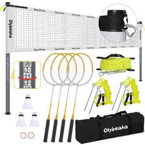 Portable Outdoor Badminton Net Set System for Backyard Lawn Beach, with Durable Net, 4 Carbon Aluminum Rackets, 3 Birdies and Carrying Bag