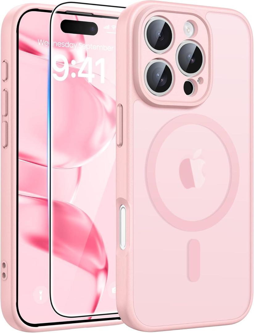 FNTCASE for iPhone 16 Pro Case: [Compatible with Magsafe] Translucent Matte Cases with [Full Camera Protection] [Screen Protector] Military Grade Shockproof Protective Phone Cover - Light Pink