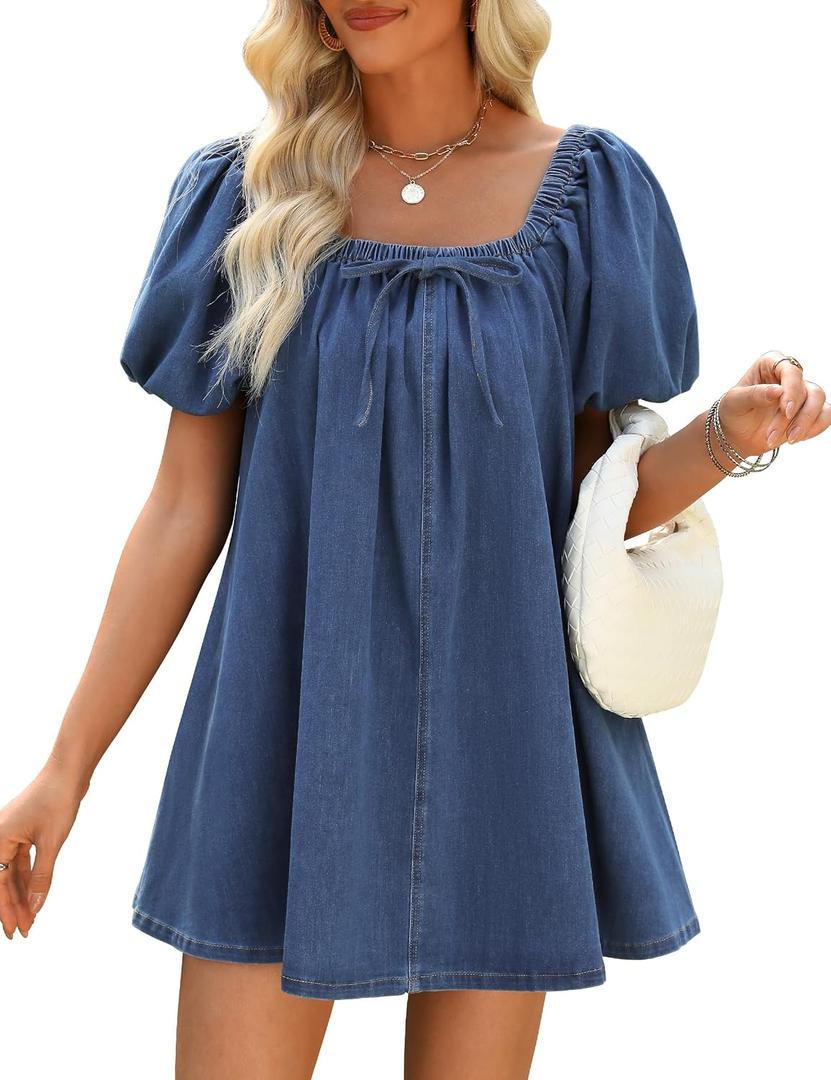 Denim Dress for Women, Puff Short Sleeve Jean Dress Square Neck Denim Romper with Pockets (Blue, XS)